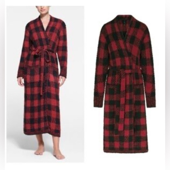 SKIMS Knit Unisex Belted Robe Buffalo Plaid Red Black Size S/M - Picture 2 of 6